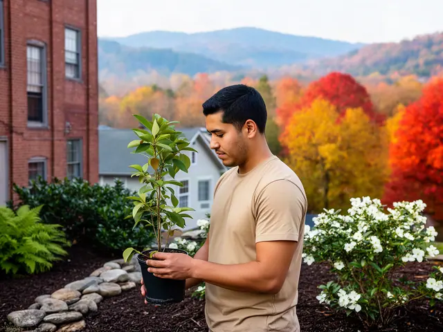 A landscaper holding a potted plant in a new front-yard bed.