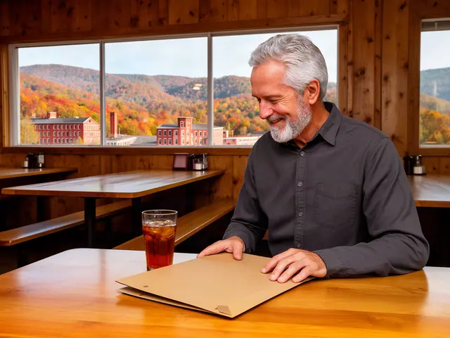 A restaurant owner seated with a folder in an empty dining room before opening.