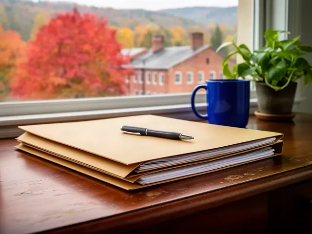 A neat stack of closed manila folders and a pen on a desk by a window.
