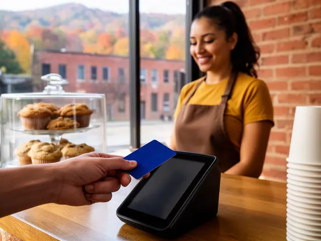 A customer taps a card on a counter terminal at a small corner coffee shop.