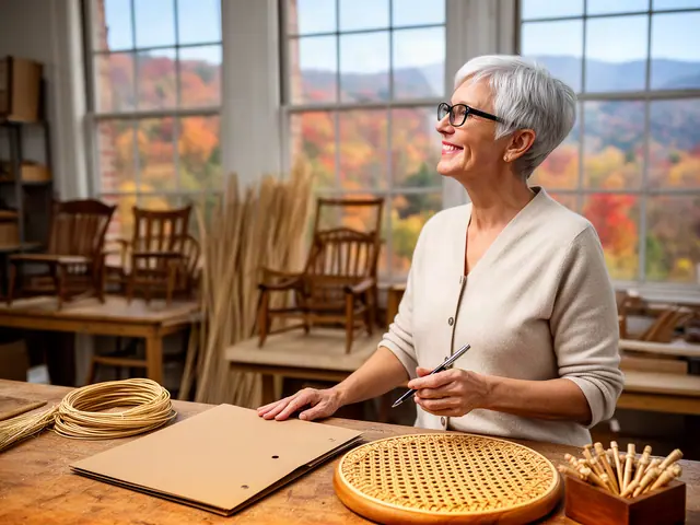 A woman with a short silver pixie cut and black-framed glasses at a work table with a closed folder in a small handmade chair-caning workshop.